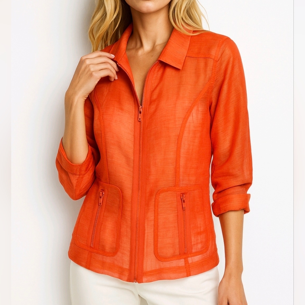Per Se Jacket Orange Silk Sheer 3/4 Sleeve Zip Up Size 6
